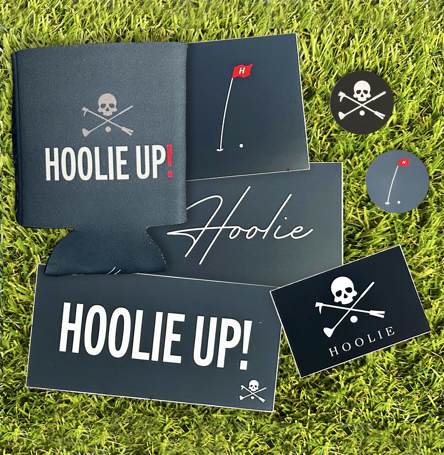 Hoolie Golf Accessories including stickers, beer koozies and golf ball markers