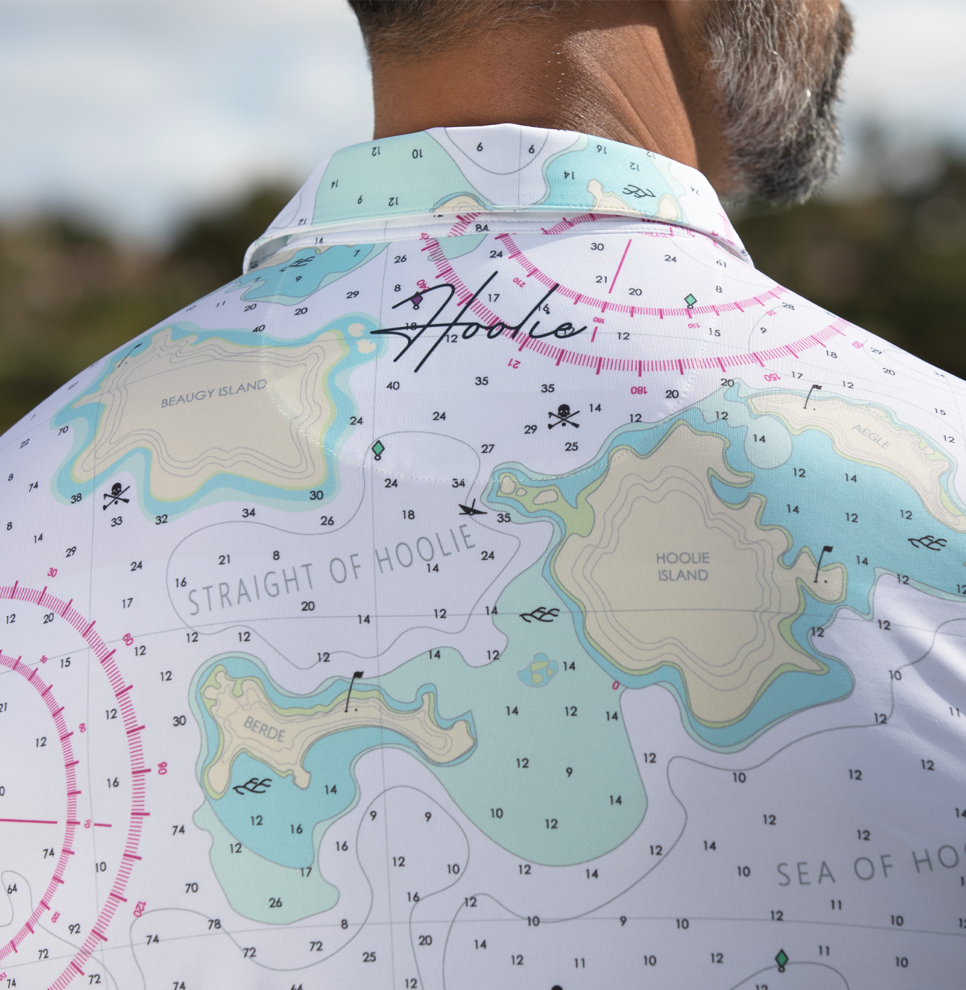 Men's Golf Polo White Nautical seafaring inspired chart pattern by Hoolie