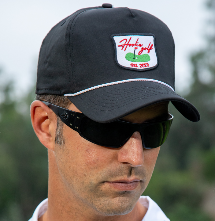 Men's Black Hoolie Golf Hat Roper with rope detail and Hoolie Golf Club patch.