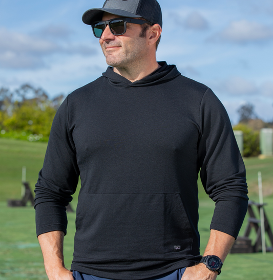 Black Lightweight Terry Men's Golf Hoodie with relaxed fit and premium French Terry fabric.