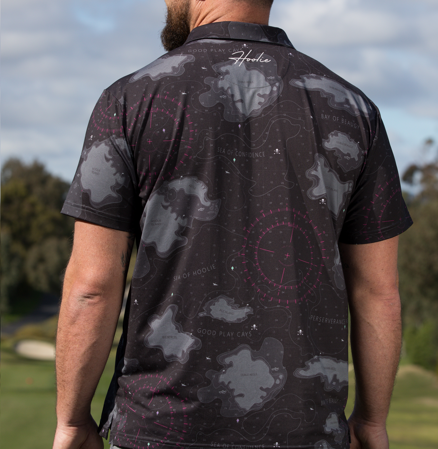 Midnight Nautical Men's Golf Polo nautical chart pattern on dark black base