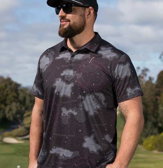 Midnight Nautical Men's Golf Polo with nautical chart design on black and gray base