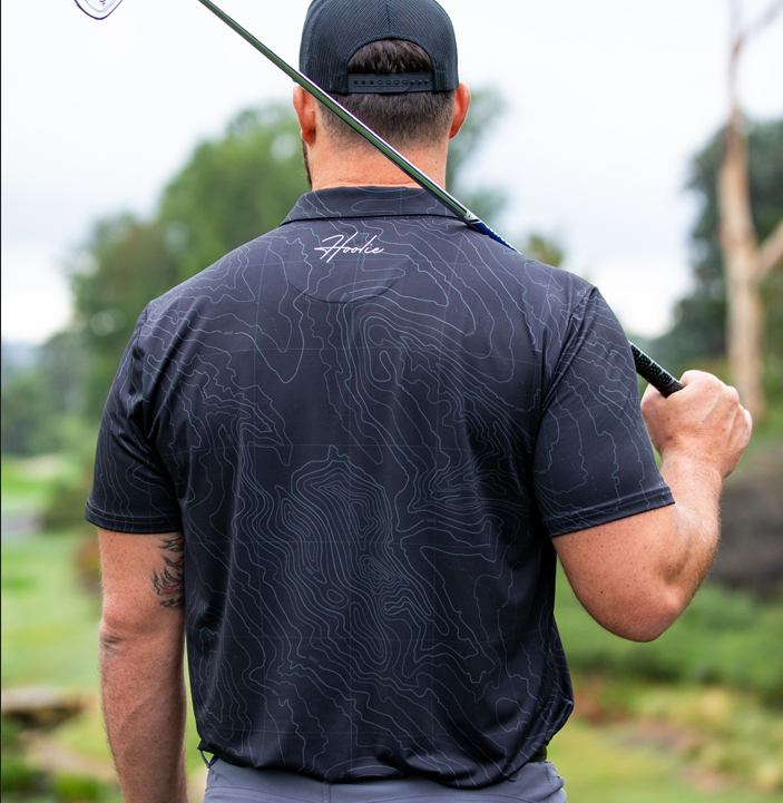 Performance Men's Golf Polo in Black Recce style with tactical map inspiration