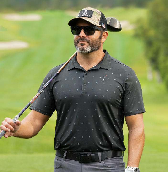 Black Skulls Men's Golf Polo with Hoolie skull and flag badge design