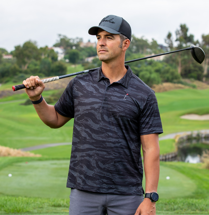 Black Tiger Stripe Men's Golf Polo with authentic camouflage pattern