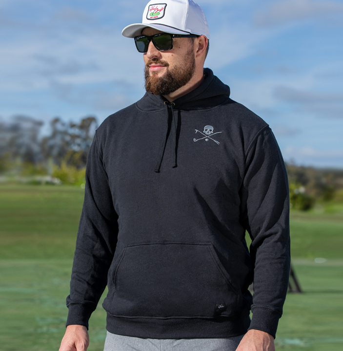 Men's Golf Hoodie in Black featuring X Bones skull and crossed driver and hoolie tool design.