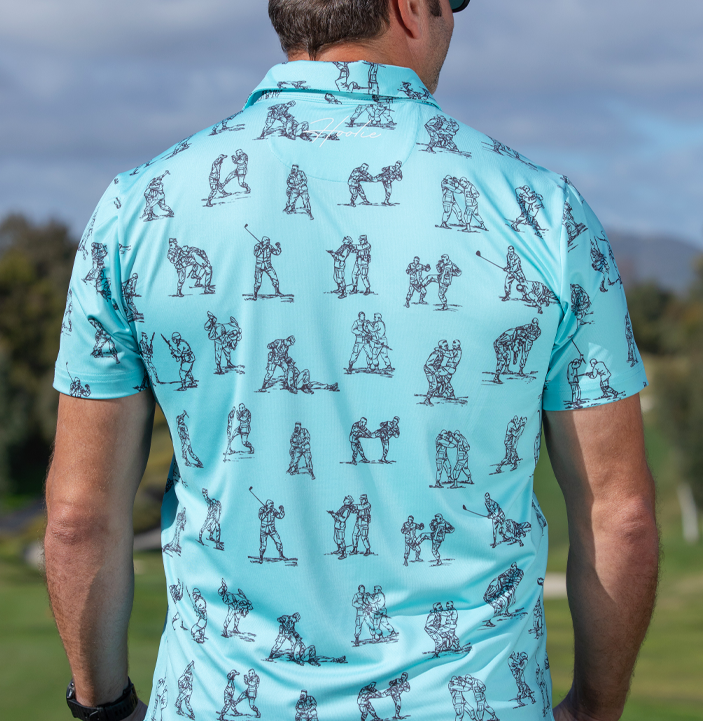 Performance Men's Golf Polo in Aqua with fighting manual spoof graphics