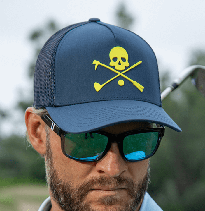 Navy Blue X Bones Men’s Golf Hat with yellow raised 3D silicone skull-and-crossbones patch.