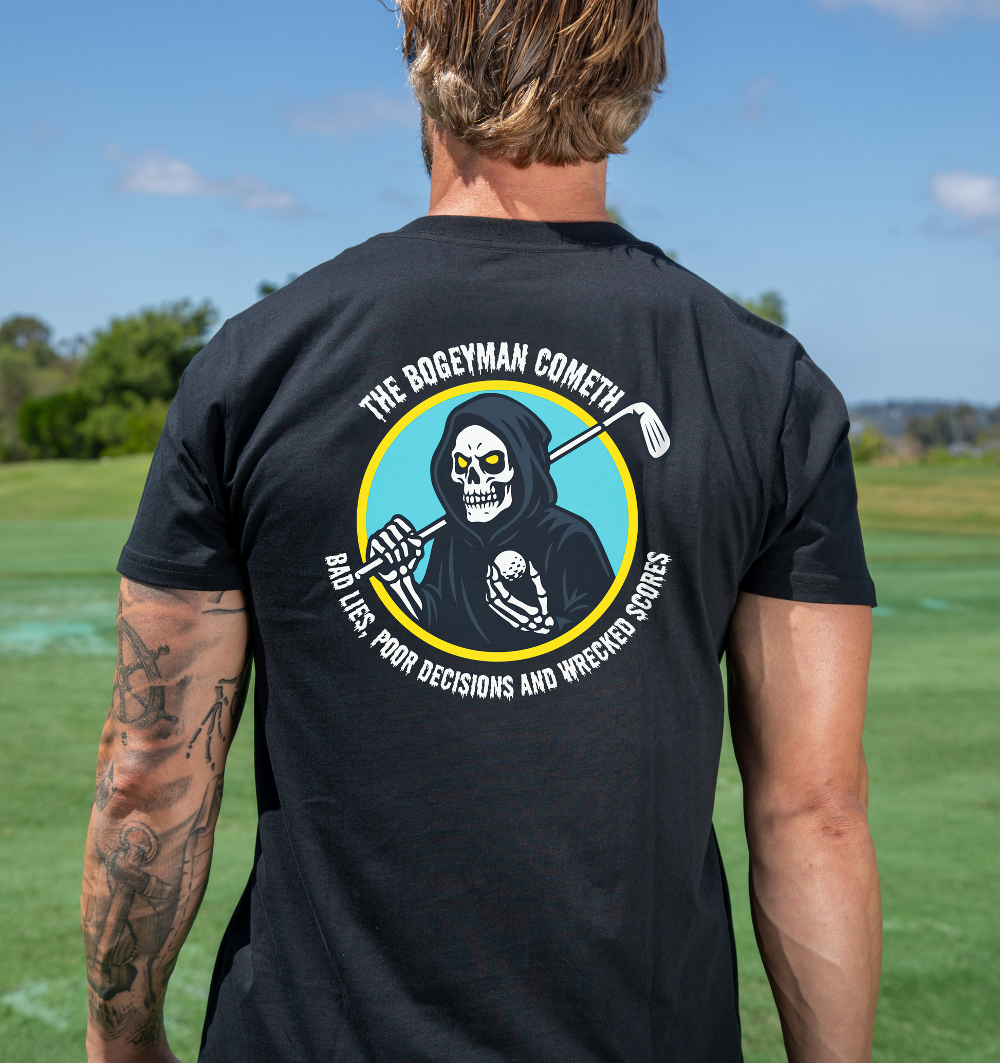 Black Men's Bogeyman Cometh Golf T Shirt with reaper character and aqua and yellow accents placed on chest and back logo