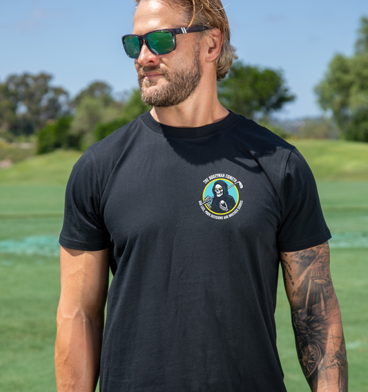 Men's Bogeyman Cometh Golf T Shirt in black with aqua and yellow reaper back graphic and chest logo.