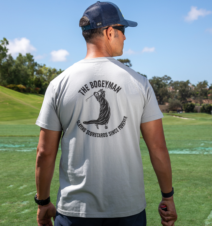 Golf T Shirt for Men featuring Bogeyman grim reaper swinging golf club graphic.
