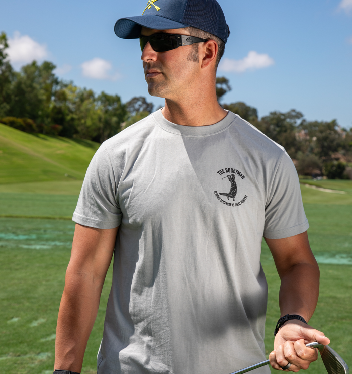 Men's Bogeyman Golf T Shirt in black with grim reaper golf design and playful text.