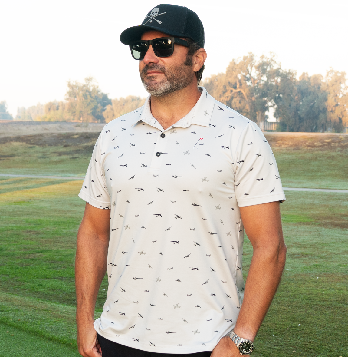 Bombers Golf Polo in Whitesmoke with military bomber aircraft pattern