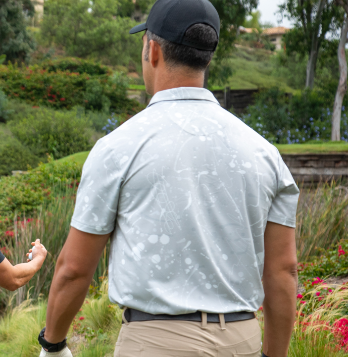 Performance Men's Golf Polo Haze Gray Drip Drop design with playful details