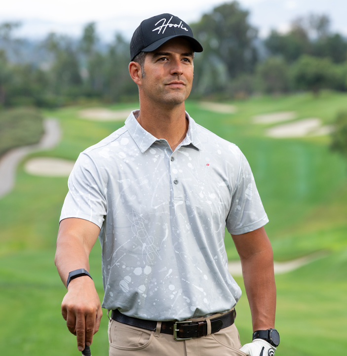 Drip Drop Men's Golf Polo in Haze Gray with abstract squiggle pattern
