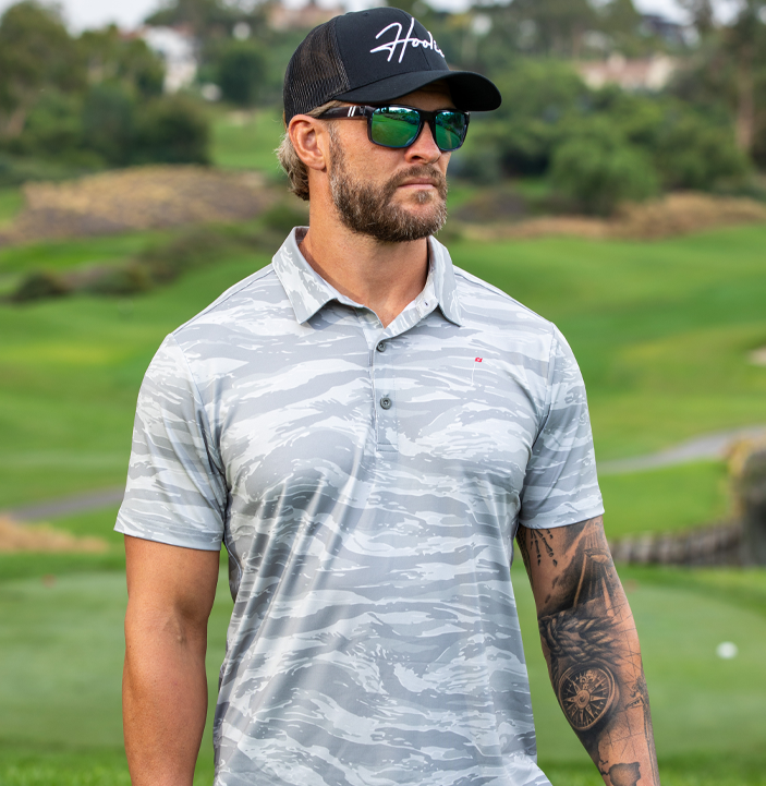 Haze Gray Tiger Stripe Men's Golf Polo with military camouflage pattern