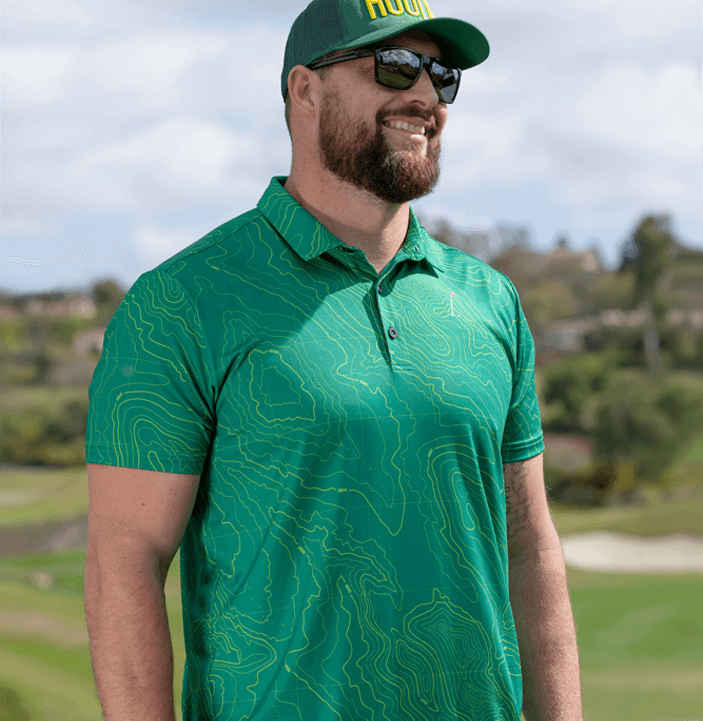 Recce Men’s Golf Polo in Garden City Green with military-inspired map print.