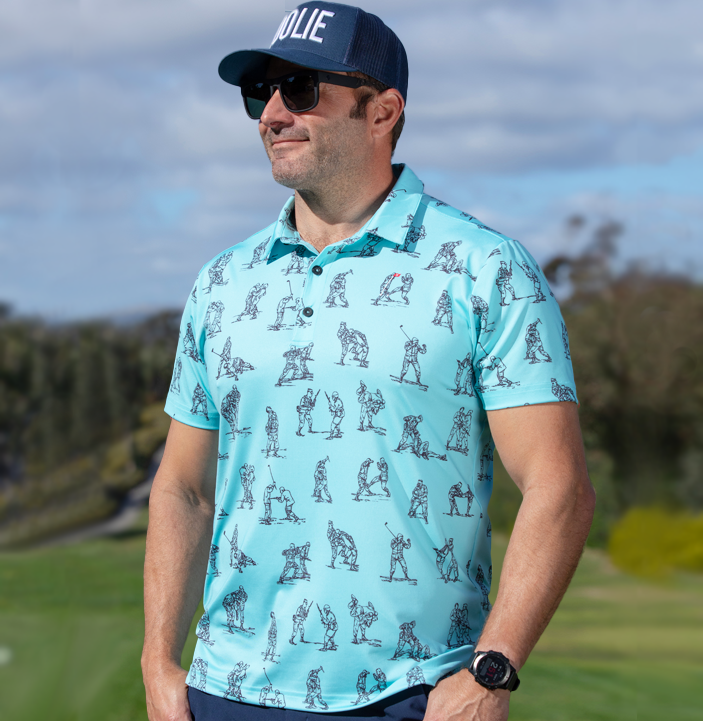 Hand-to-Hand Men's Golf Polo in Aqua with combat parody design