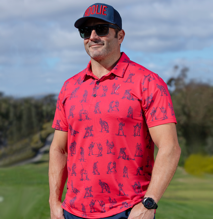 Hand-to-Hand Men's Golf Polo in Hoolie Red with combat parody design