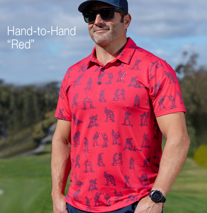 Red Hand-to-Hand Polo with Military Fighting Men in a pattern