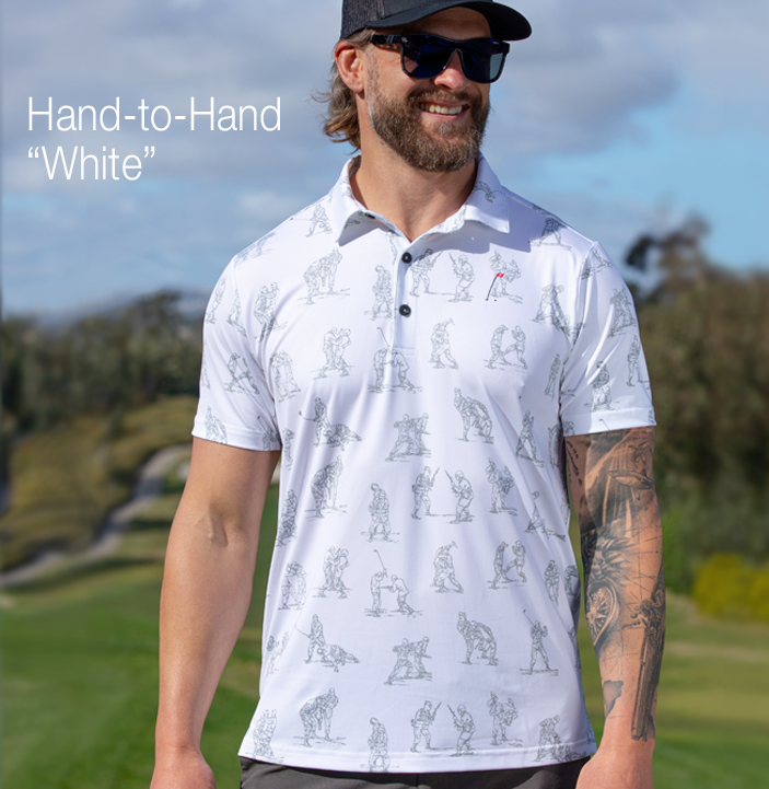 Hand-to-Hand Mens Golf Polo in White with Fighting Men Pattern