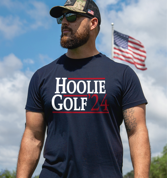 Men's Hoolie Golf '24 T Shirt in black with bold white and red graphic text design.
