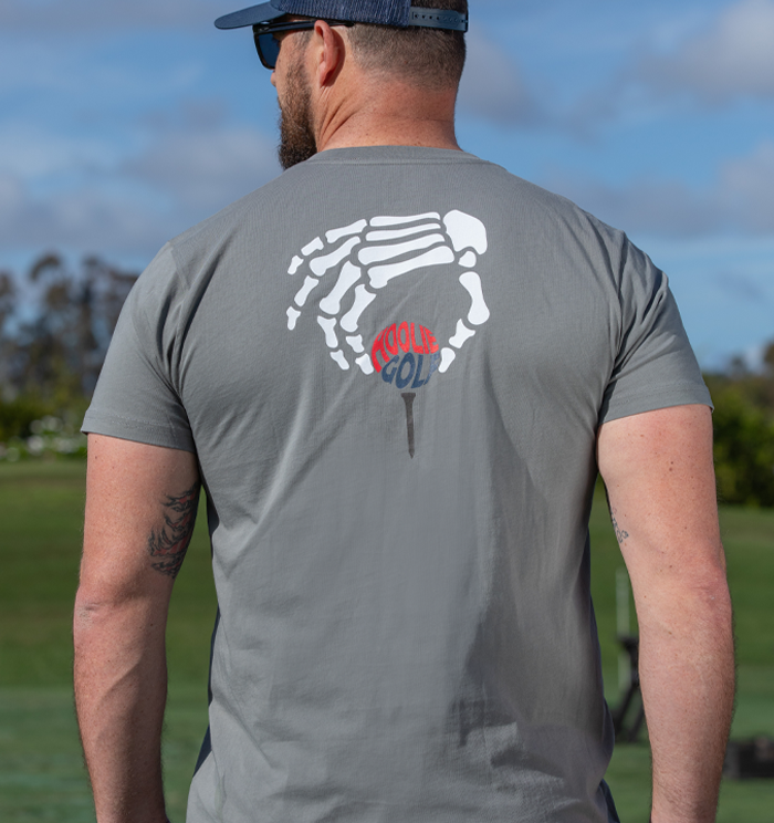 Golf T Shirt for Men in dark gray with 'Hoolie Golf' word-collage ball design and chest logo.