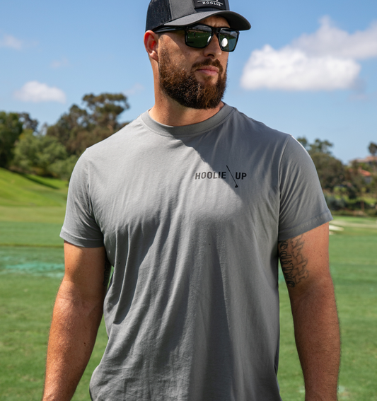 Men's Hoolie Up Golf T Shirt in black with bold Hoolie Up message.