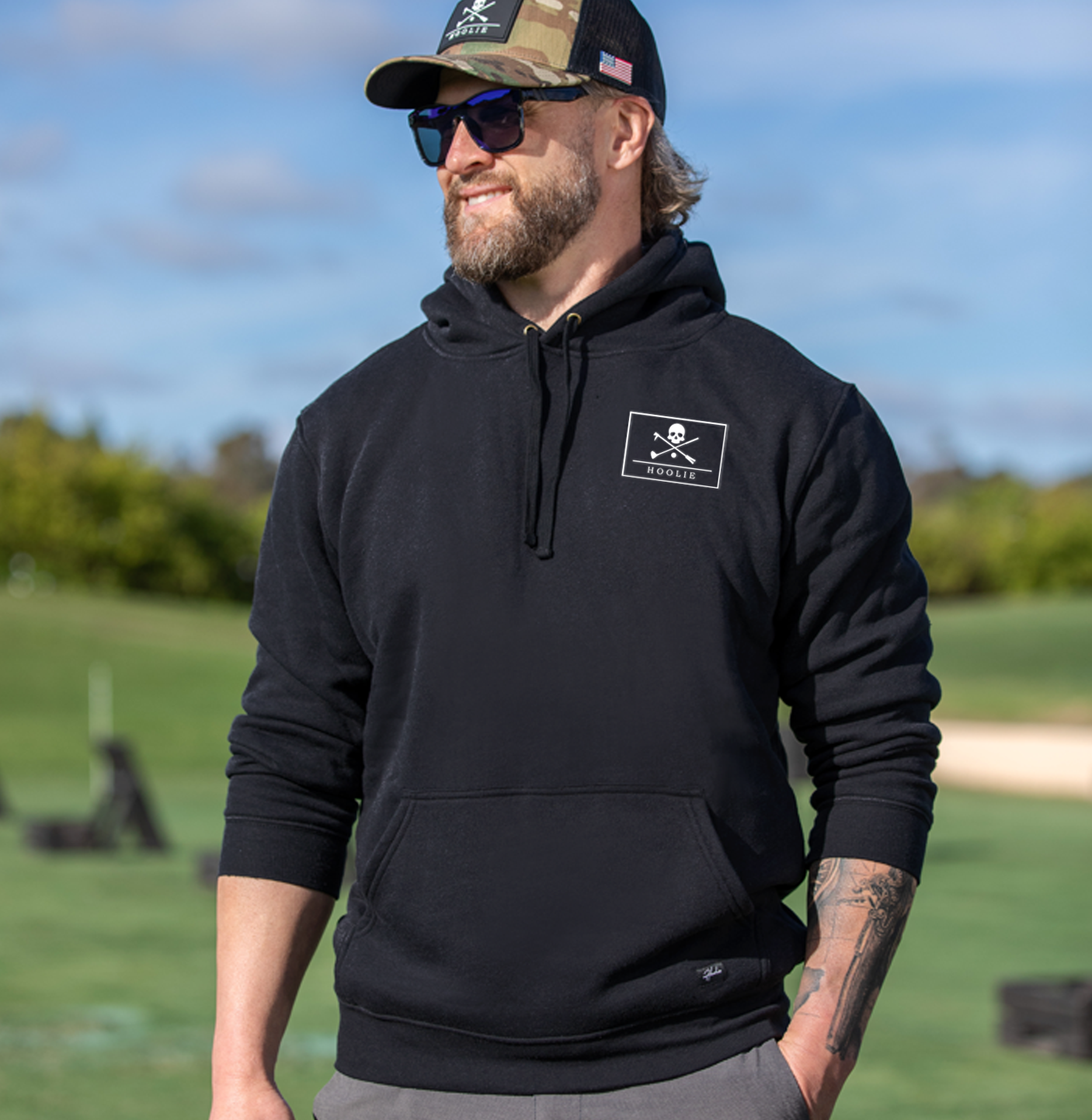 Black Hoolie Roger Men's Golf Hoodie with screen-printed Roger skull chest logo.