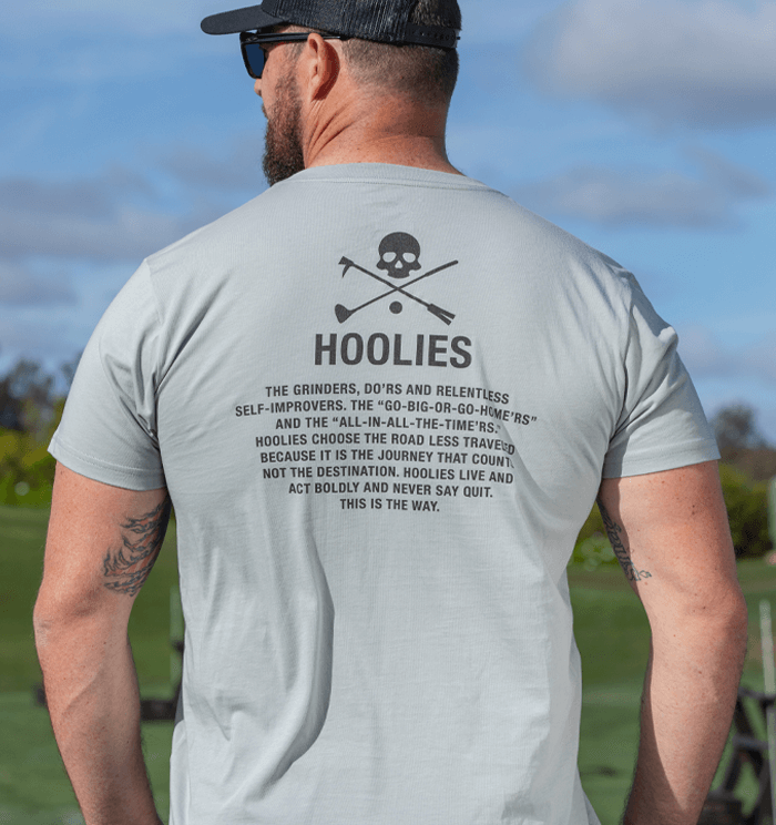 Back of Hoolies Creed Golf T Shirt for Men in light grayskull-and-crossbones design
