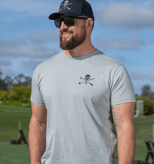 Golf T Shirt for Men in Light Gray with bold black creed text and Hoolie skull-and-crossbones design.