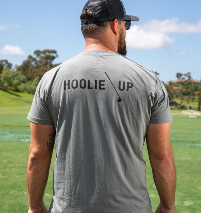 Golf T Shirt for Men featuring Hoolie Up text design representing grit and resilience.