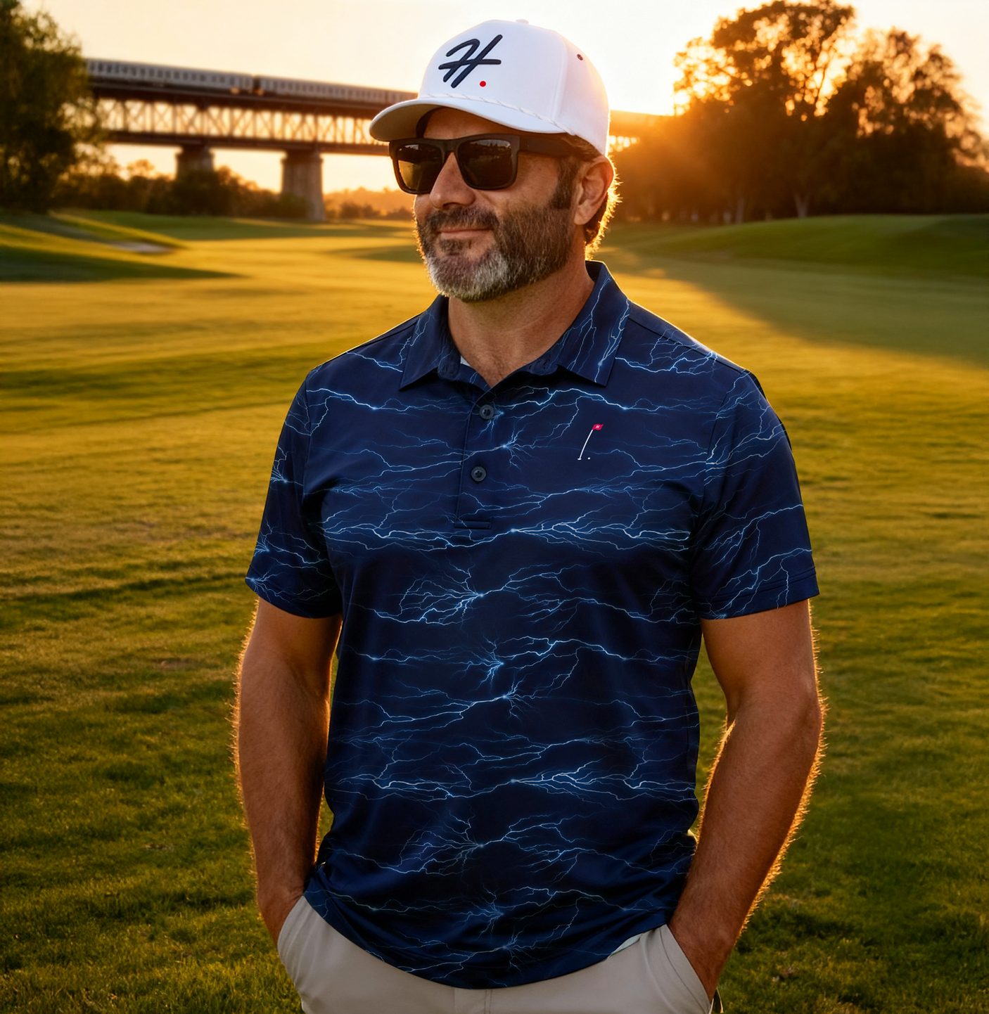 Man wearing Lightning Rider Men's Performance Printed Polo and White Hat on a golf course