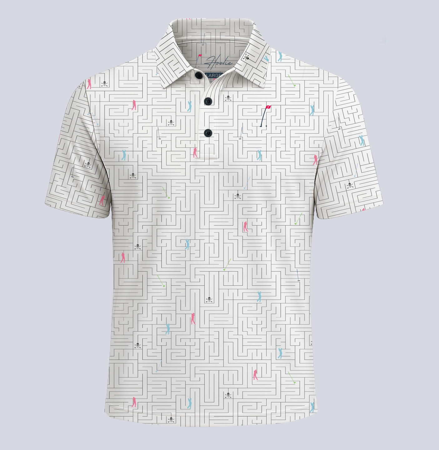 Performance Men's Golf Polo in White featuring maze print and Hoolie Crossbones