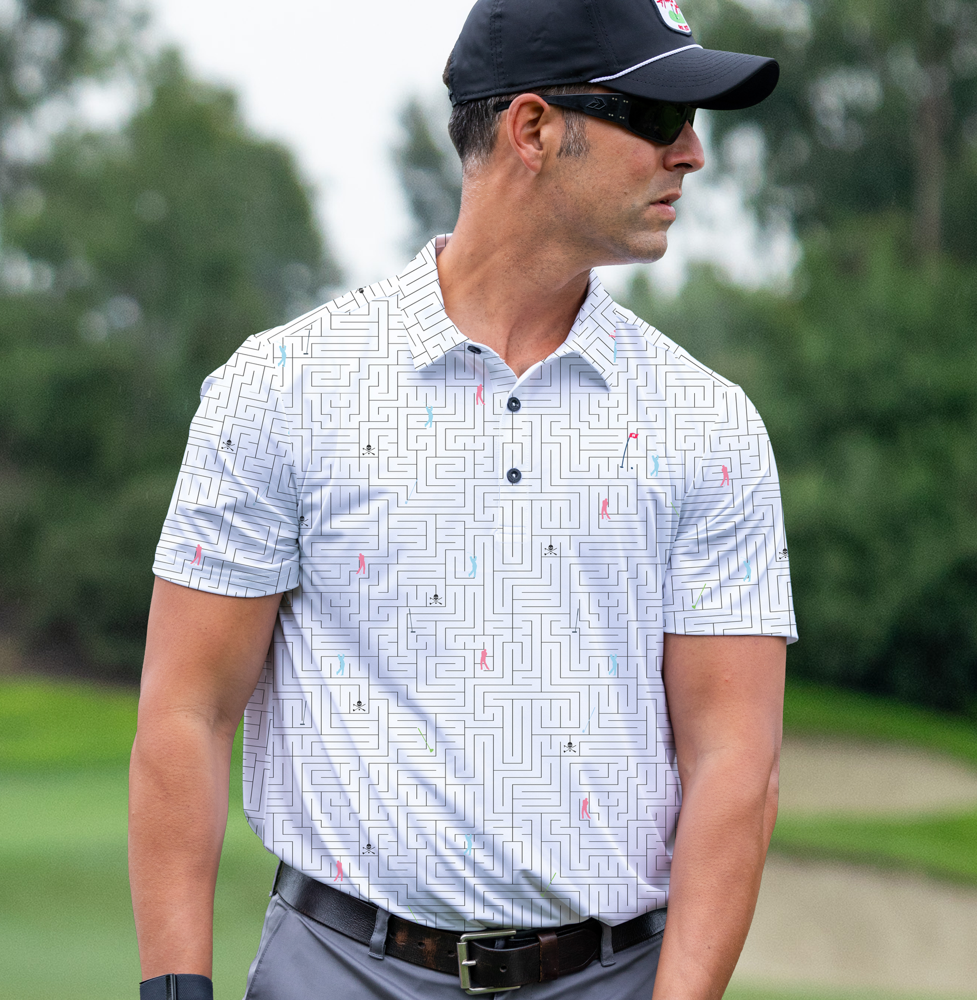 Men's Maze Golf Polo in White with maze pattern and golfer silhouettes