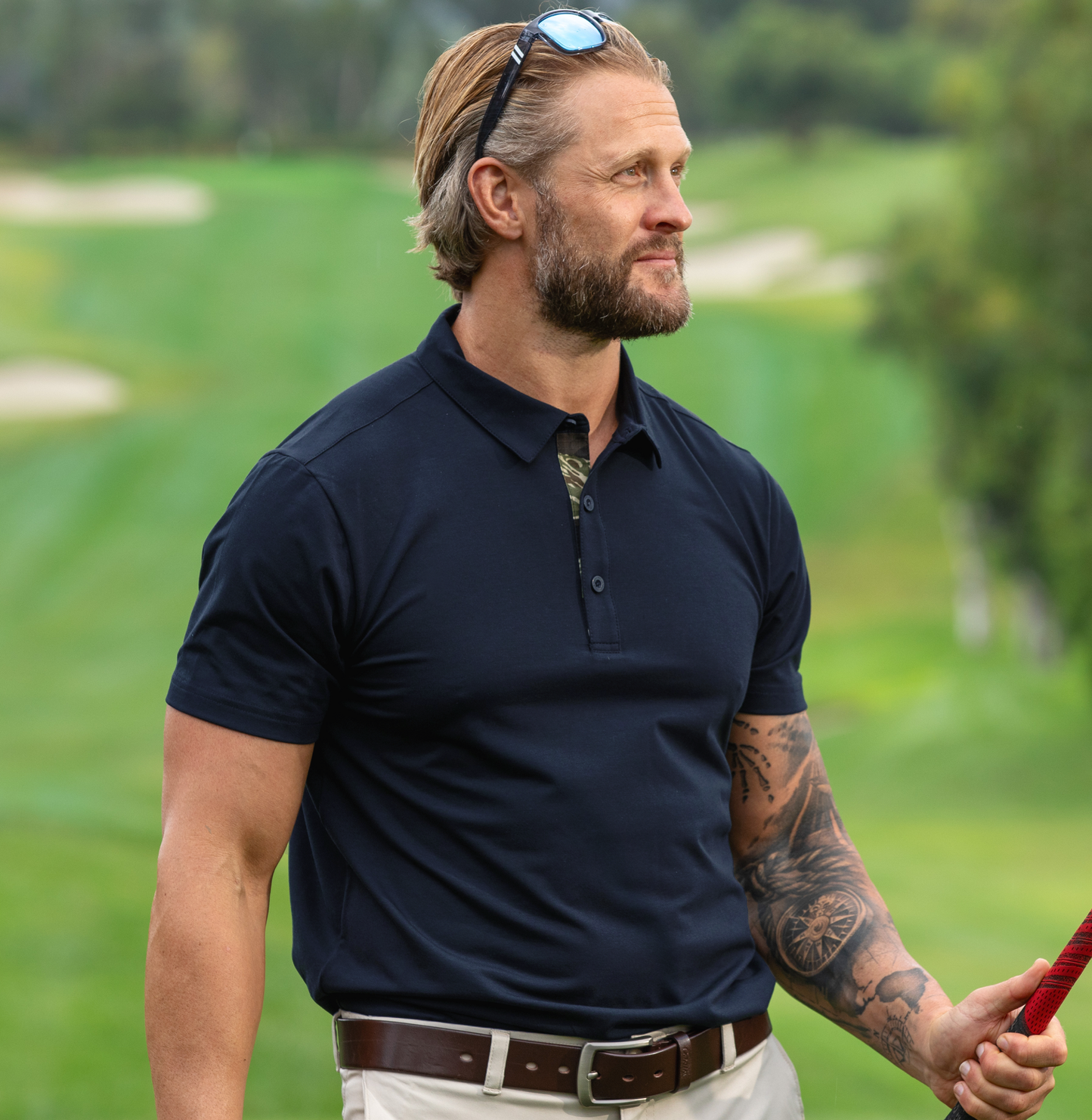 Navy Classic Men's Classic Golf Polo with tiger stripe camouflage placket