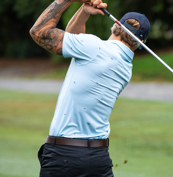 Performance Men's Golf Polo Sky Blue with Freefall fastrope and water assault design