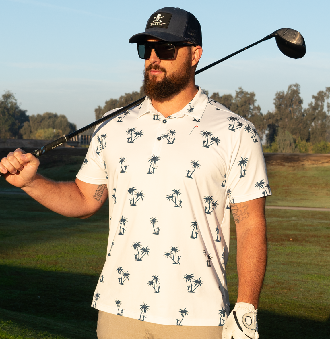 Palm-Ah Men's Golf Polo in White with palm tree pattern and bodybuilder silhouettes