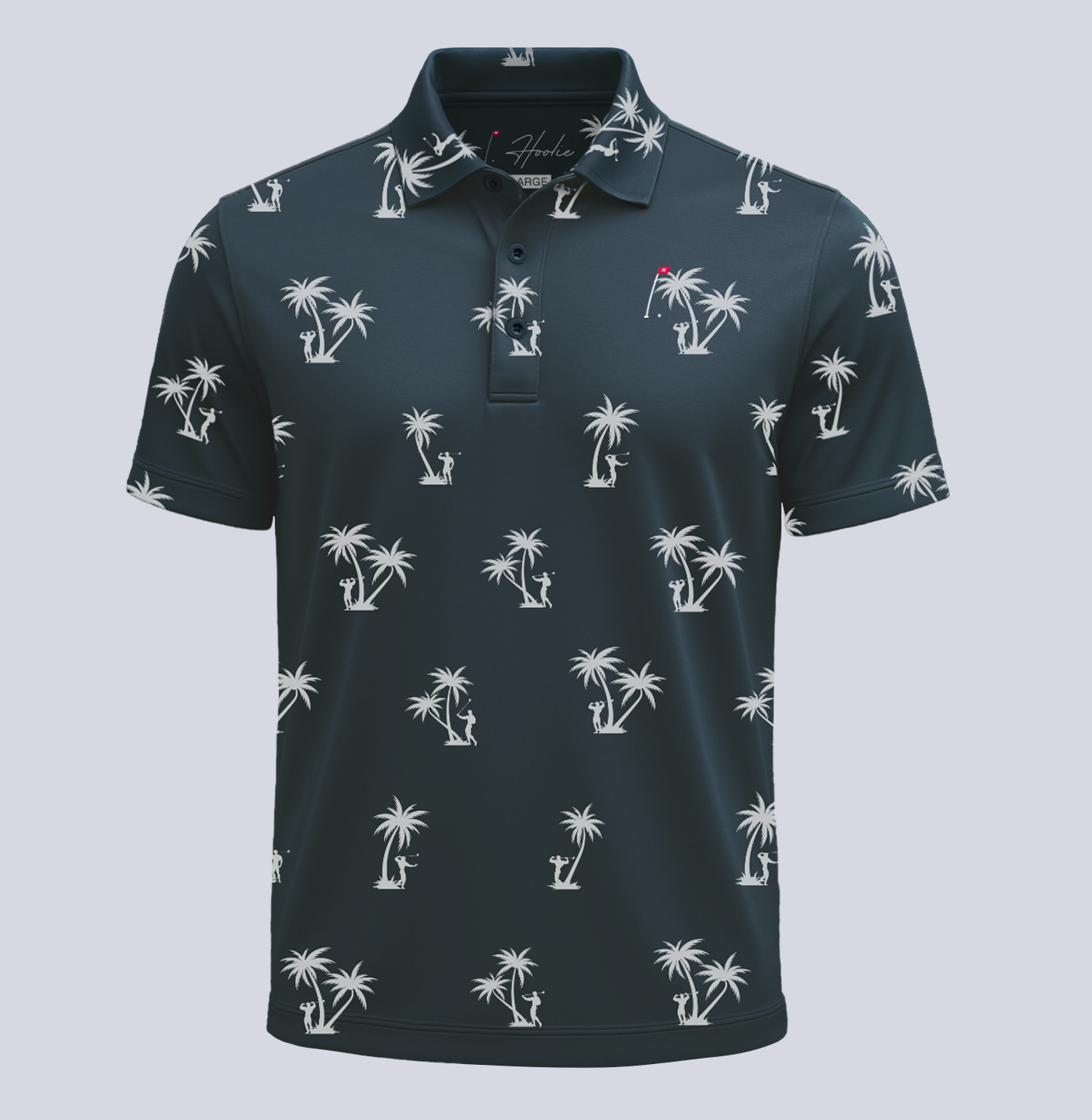 Palm-Ah Golf Polo in Blue Steel with palm tree pattern and bodybuilder silhouettes