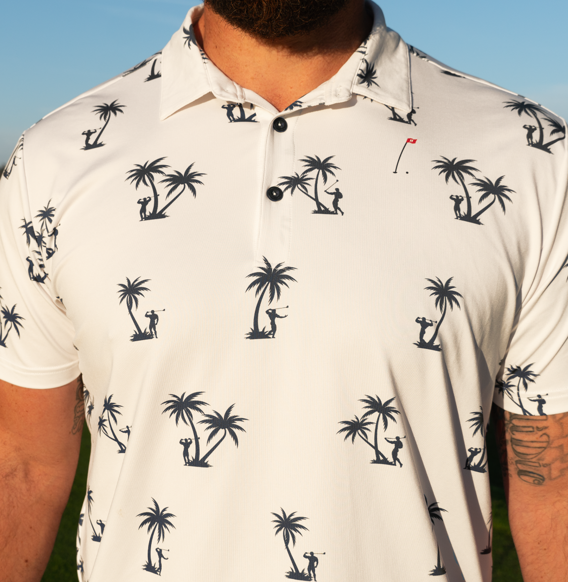 White Performance Men's Golf Polo with palm print design by Hoolie