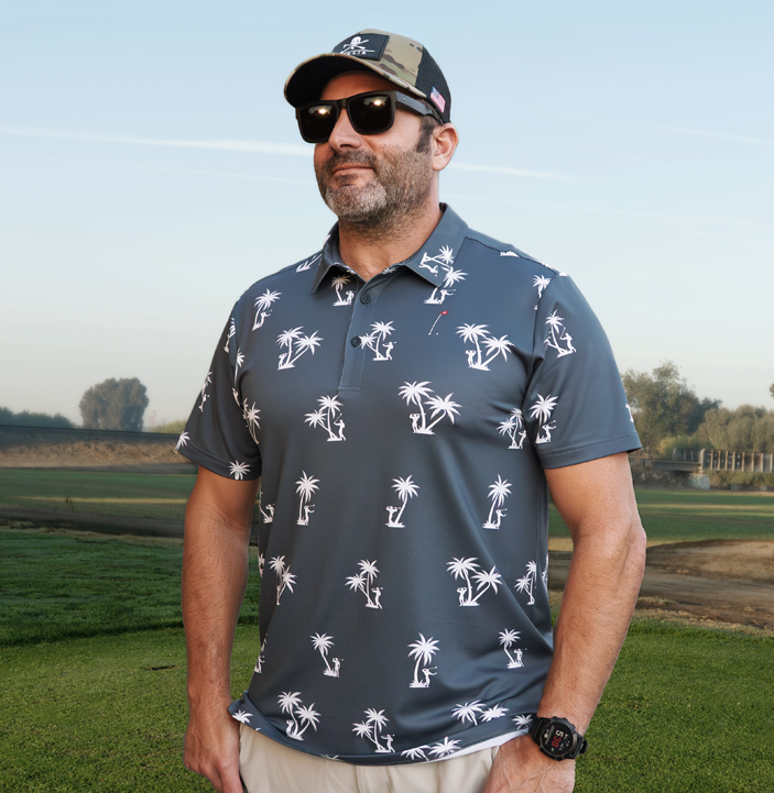 Performance Men's Golf Polo in Blue Steel with palm print design by Hoolie