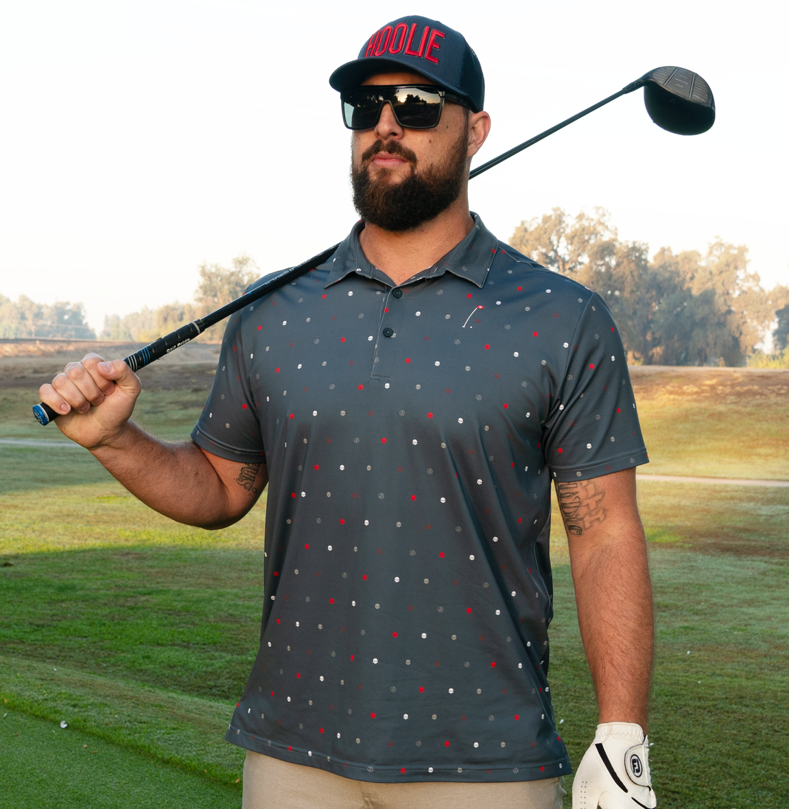 RWB Skulls Golf Polo in Blue Steel with patriotic skull and flag badge