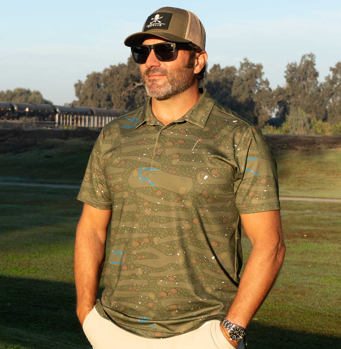 St Andrews Camo Golf Polo with course-inspired camouflage pattern in Olive
