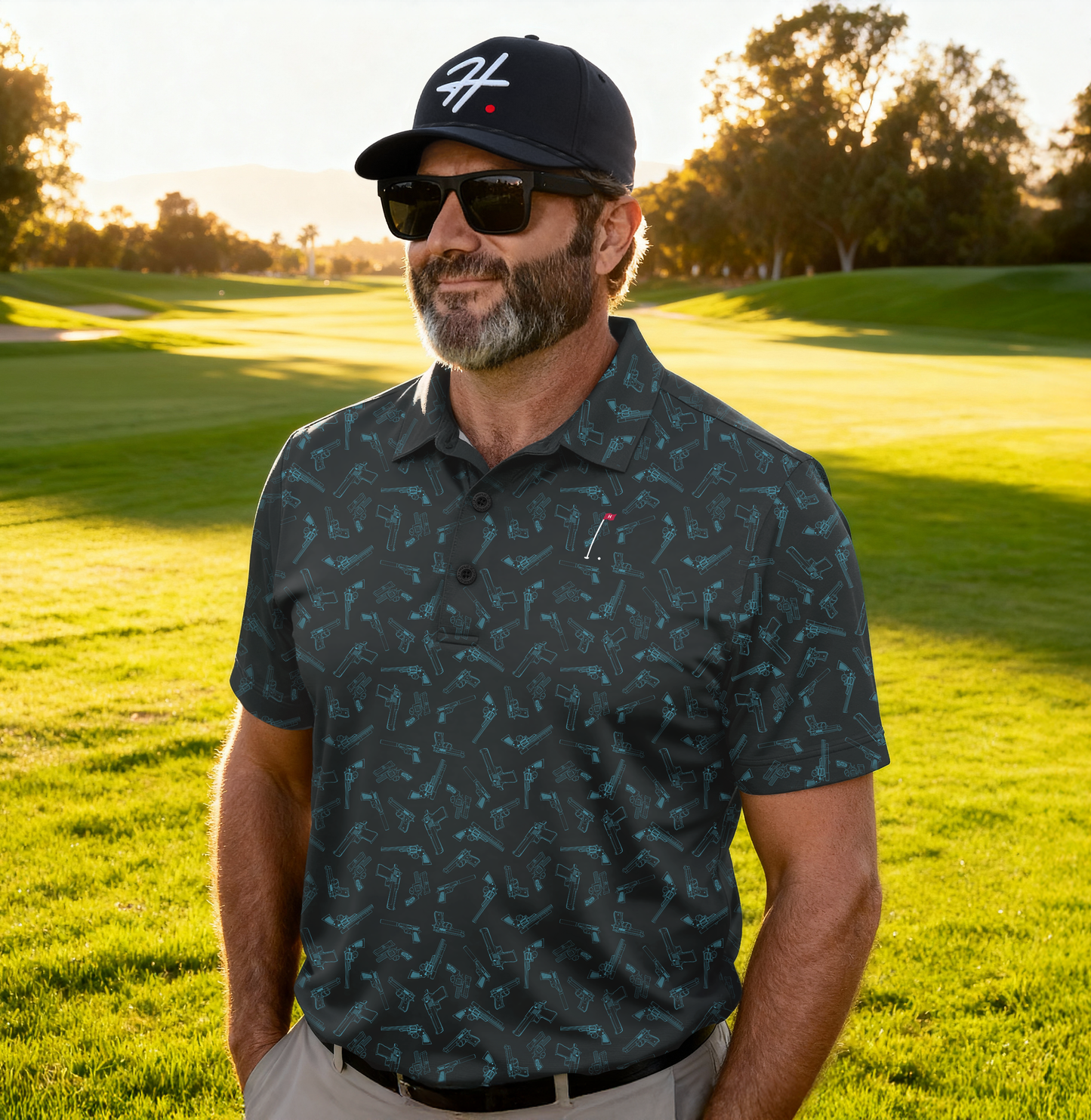 Gray Straight Shooter Men's Golf Polo with blue side arm pattern overlayed on a medium gray background