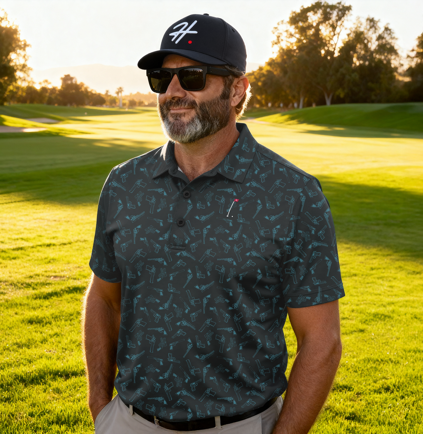 Gray Straight Shooter Men's Golf Polo with blue side arm pattern overlayed on a medium gray background