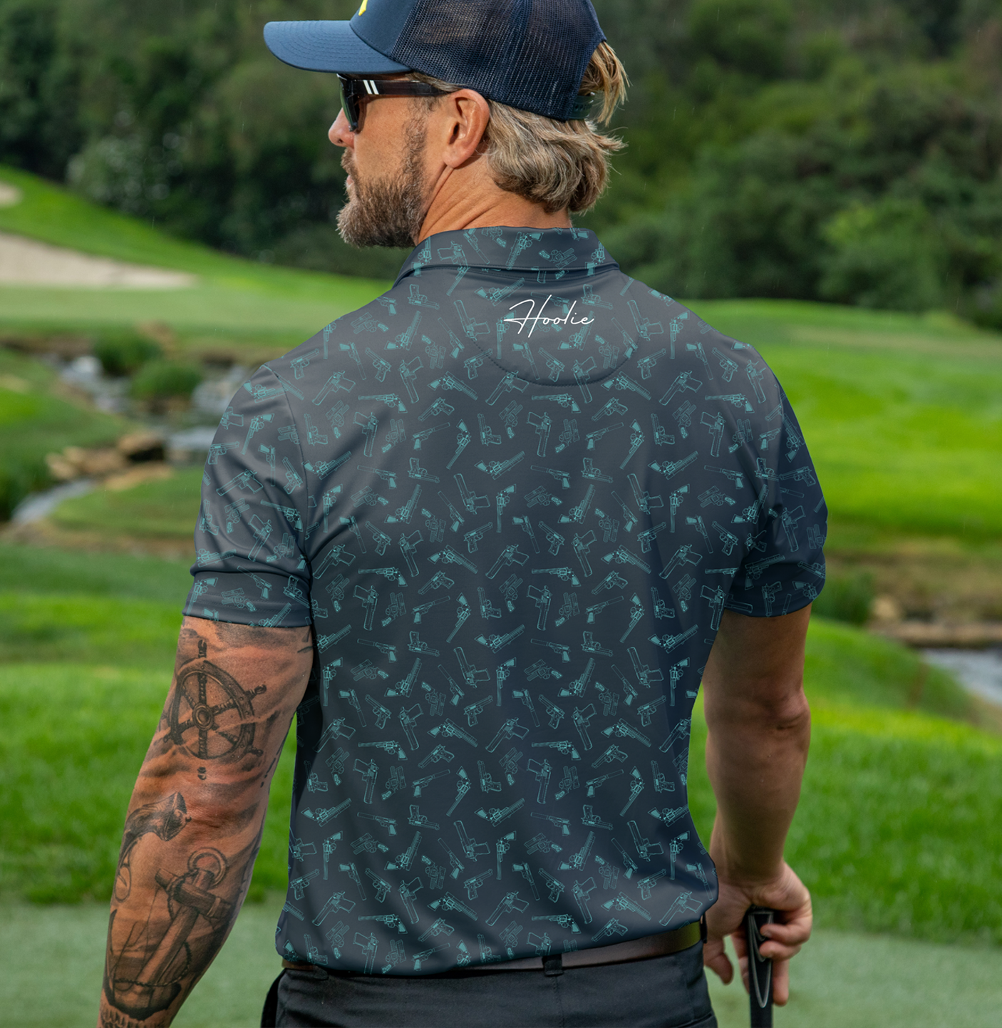 Men's Straight Shooter Golf Polo in Cool Gray with sidearm print