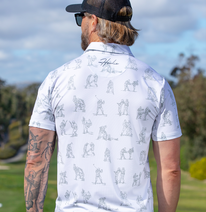 Performance Men's Golf Polo in White with fighting manual spoof graphics