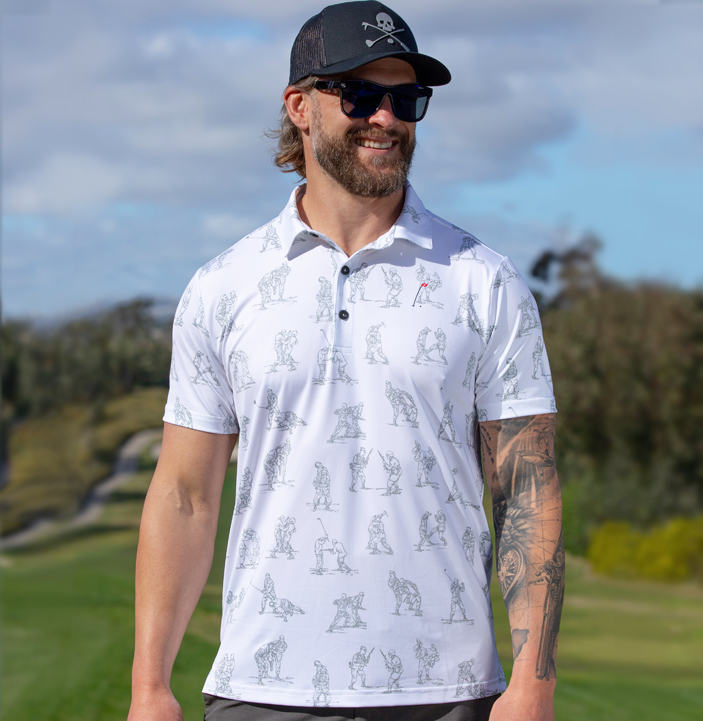 Hand-to-Hand Men's Golf Polo in Hoolie Red with combat parody design