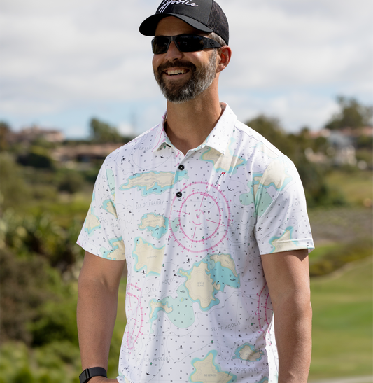 White Nautical Men's Golf Polo nautical chart pattern on white base