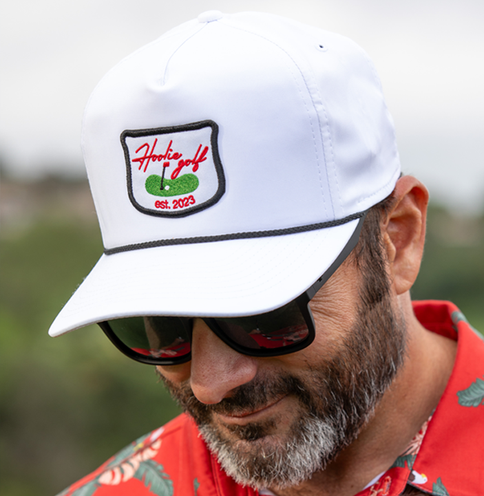 Men's White Hoolie Golf Hat Roper with rope detail and Hoolie Golf Club patch.